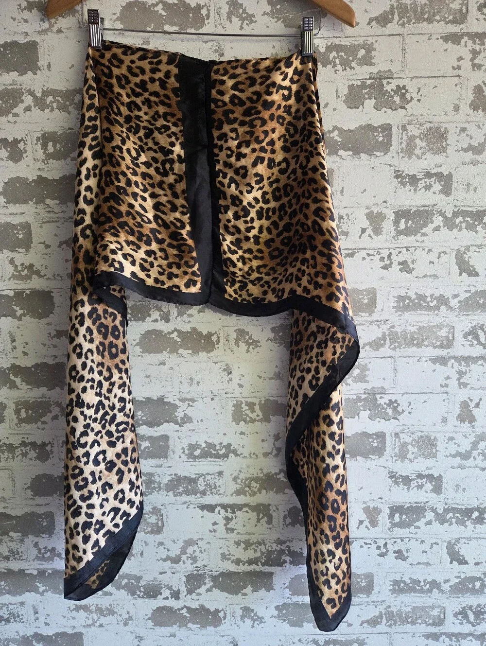 Silky Leopard Print Long Scarf Black Border Animal Print Sheer Chiffon